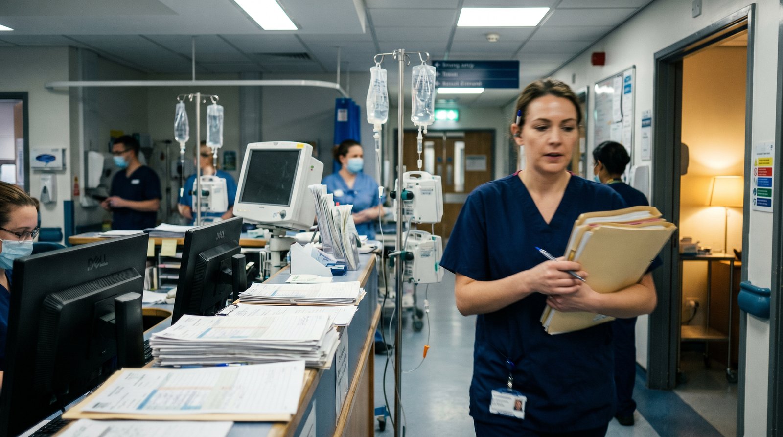 A nurse in navy scrubs walking through a busy hospital ward holding patient files, surrounded by IV stands, monitors and other staff at a nursing station