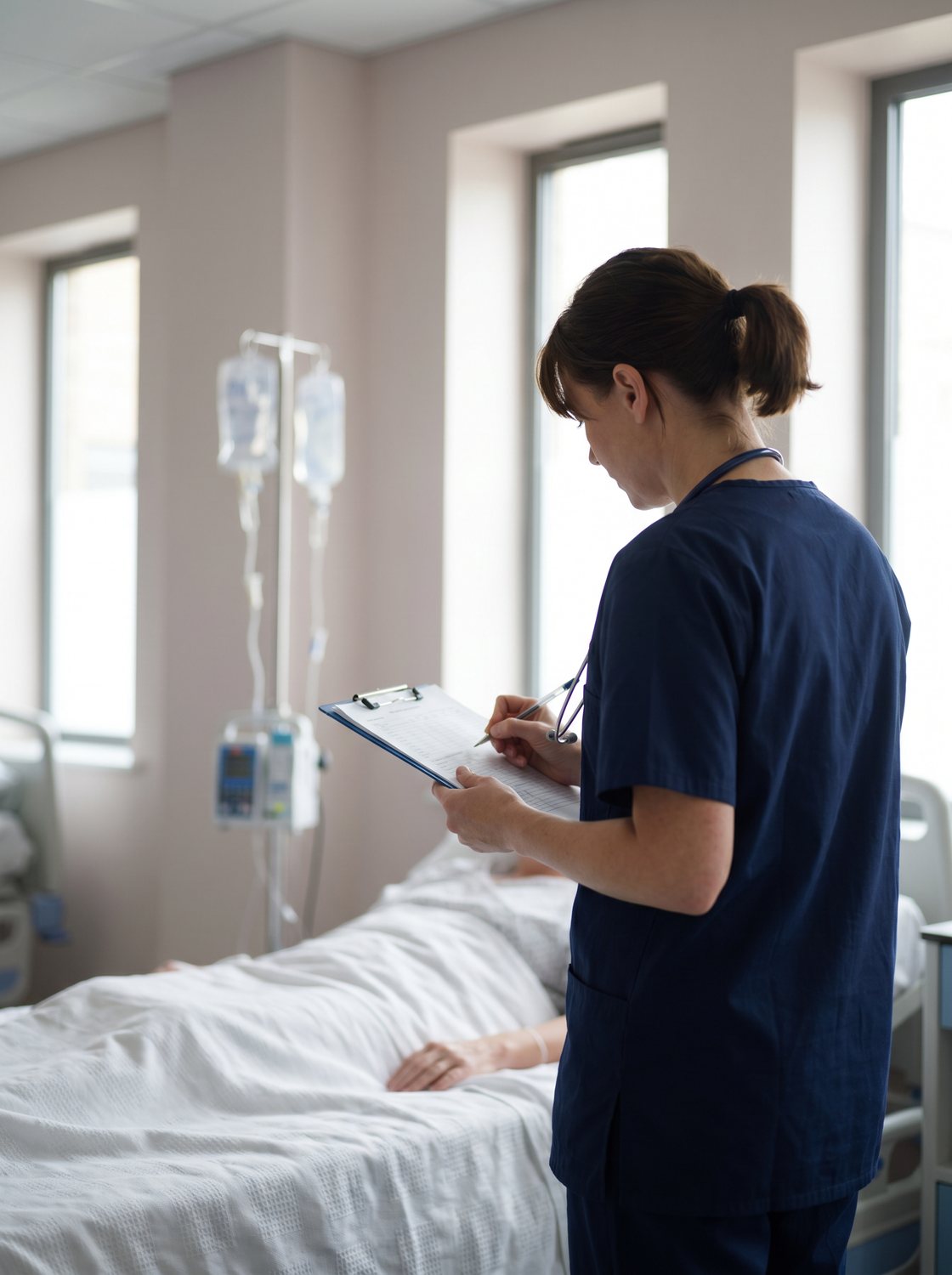 A nurse in navy scrubs writing on a paper observation chart at a hospital bedside, with an IV stand and bed visible.